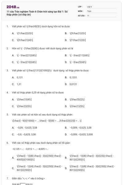 11 câu Trắc nghiệm Toán 6 Chân trời sáng tạo Bài 1: Số thập phân (có đáp án)
