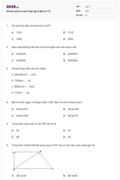 Đề thi cuối kì I môn Toán lớp 4 (Đề số 17)