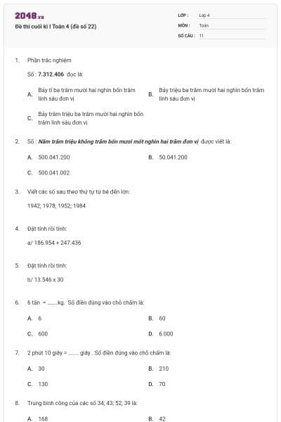 Đề thi cuối kì I Toán 4 (đề số 22)