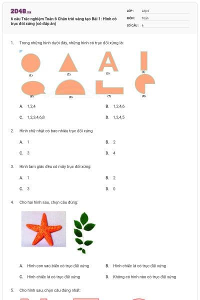 6 câu Trắc nghiệm Toán 6 Chân trời sáng tạo Bài 1: Hình có trục đối xứng (có đáp án)