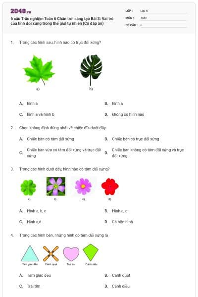 6 câu Trắc nghiệm Toán 6 Chân trời sáng tạo Bài 3: Vai trò của tính đối xứng trong thế giới tự nhiên (Có đáp án)