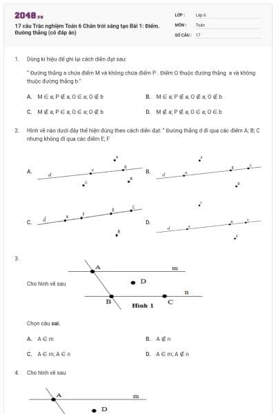 17 câu Trắc nghiệm Toán 6 Chân trời sáng tạo Bài 1: Điểm. Đường thẳng (có đáp án)