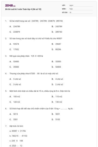 Đề thi cuối kì I môn Toán lớp 4 (Đề số 18)