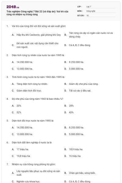 Trắc nghiệm Công nghệ 7 Bài 22 (có đáp án): Vai trò của rừng và nhiệm vụ trồng rừng