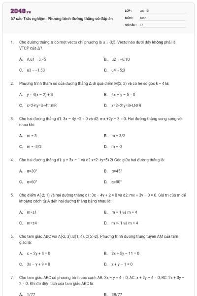 57 câu Trắc nghiệm: Phương trình đường thẳng có đáp án