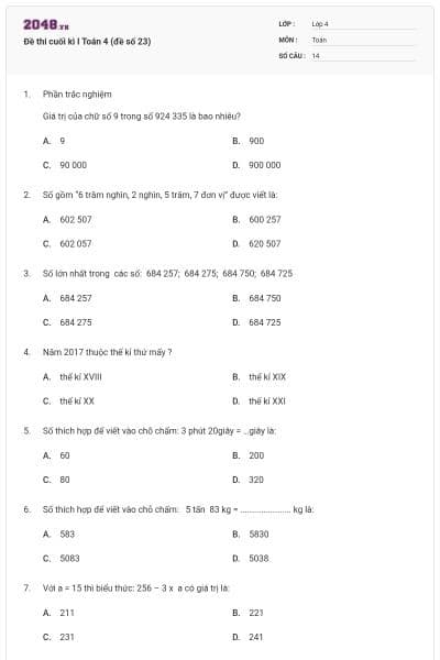 Đề thi cuối kì I Toán 4 (đề số 23)