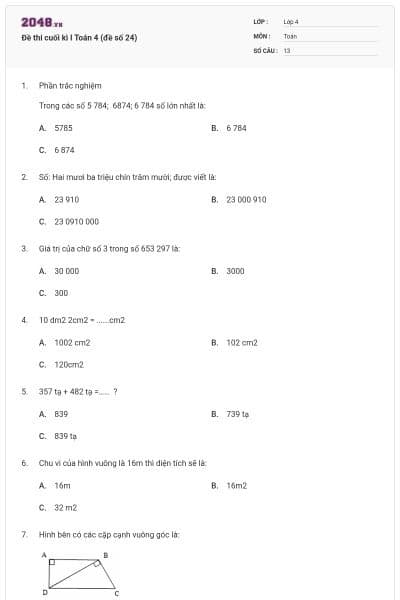 Đề thi cuối kì I Toán 4 (đề số 24)