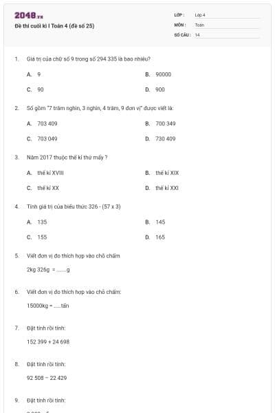 Đề thi cuối kì I Toán 4 (đề số 25)