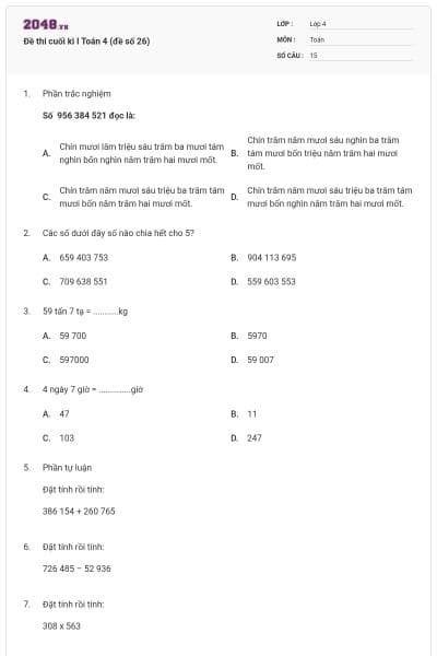 Đề thi cuối kì I Toán 4 (đề số 26)