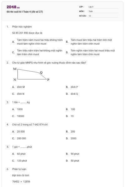 Đề thi cuối kì I Toán 4 (đề số 27)