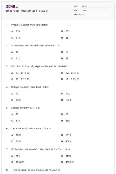 Đề thi học kì I môn Toán lớp 4 ( Đề số 4 )