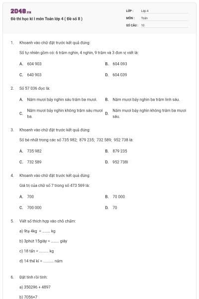 Đề thi học kì I môn Toán lớp 4 ( Đề số 8 )
