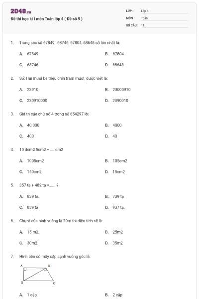 Đề thi học kì I môn Toán lớp 4 ( Đề số 9 )