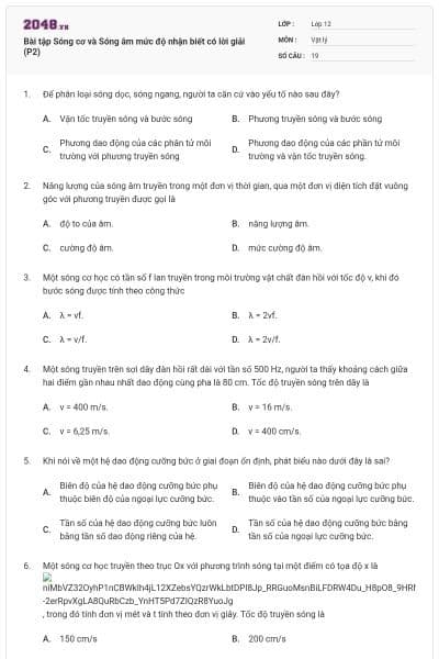 Bài tập Sóng cơ và Sóng âm mức độ nhận biết có lời giải (P2)