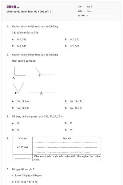 Đề thi học kì I môn Toán lớp 4 ( Đề số 11 )