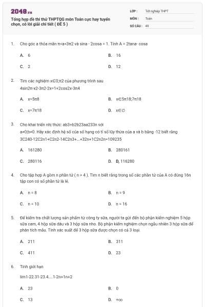 Tổng hợp đề thi thử THPTQG môn Toán cực hay tuyển chọn, có lời giải chi tiết ( ĐỀ 5 )