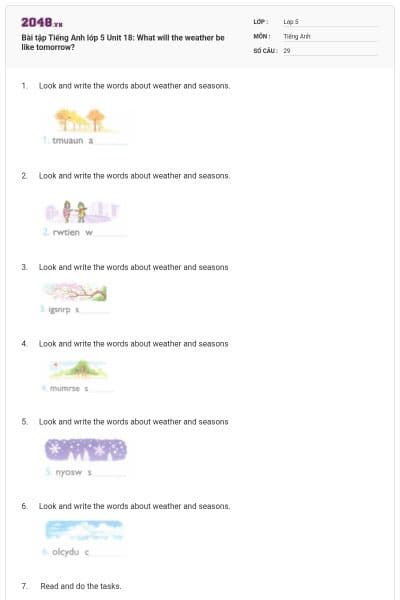 Bài tập Tiếng Anh lớp 5 Unit 18: What will the weather be like tomorrow?