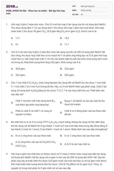 ĐGNL ĐHQG Hà Nội - Khoa học tự nhiên - Bài tập hỗn hợp este