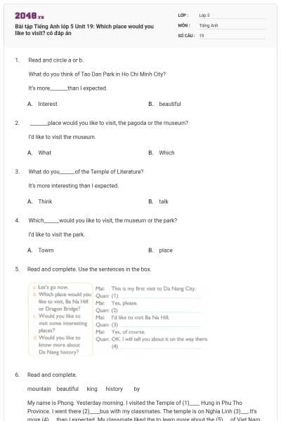 Bài tập Tiếng Anh lớp 5 Unit 19: Which place would you like to visit? có đáp án