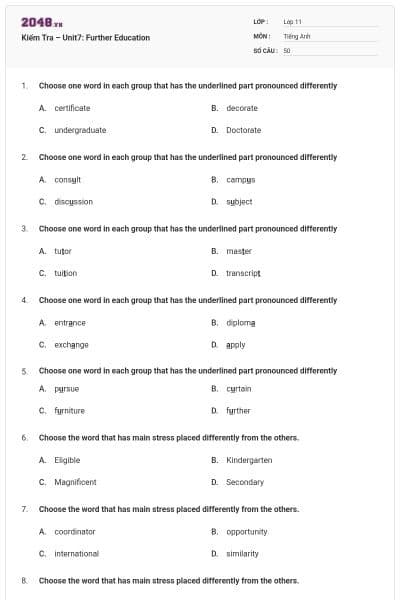 Kiểm Tra – Unit7: Further Education