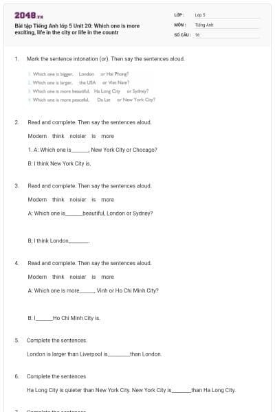 Bài tập Tiếng Anh lớp 5 Unit 20: Which one is more exciting, life in the city or life in the countr