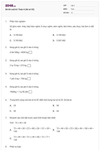 Đề thi cuối kì I Toán 4 (đề số 33)