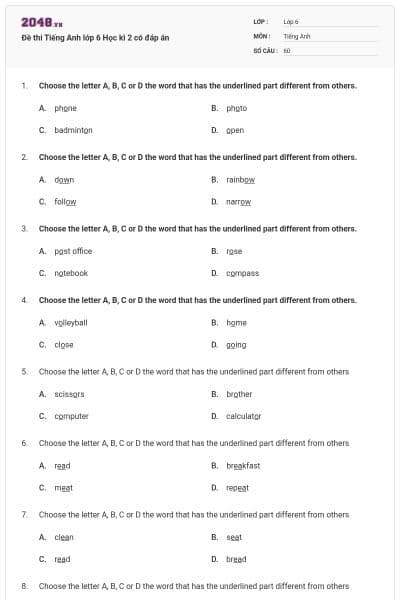 Đề thi Tiếng Anh lớp 6 Học kì 2 có đáp án