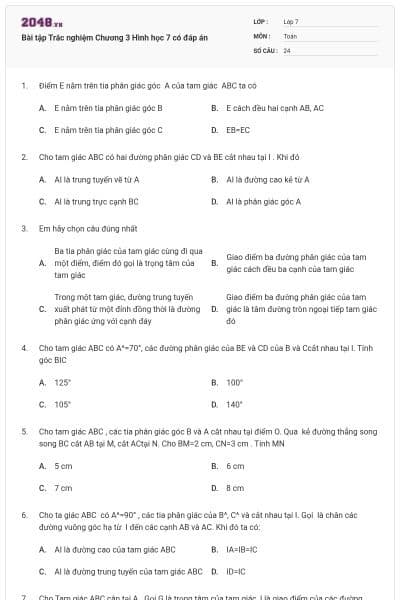 Bài tập Trắc nghiệm Chương 3 Hình học 7 có đáp án