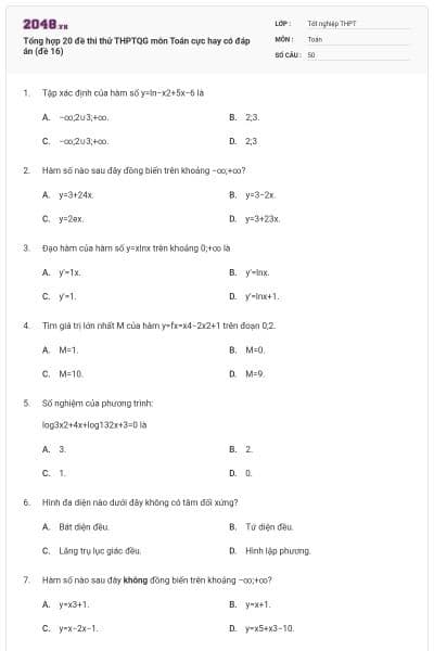 Tổng hợp 20 đề thi thử THPTQG môn Toán cực hay có đáp án (đề 16)