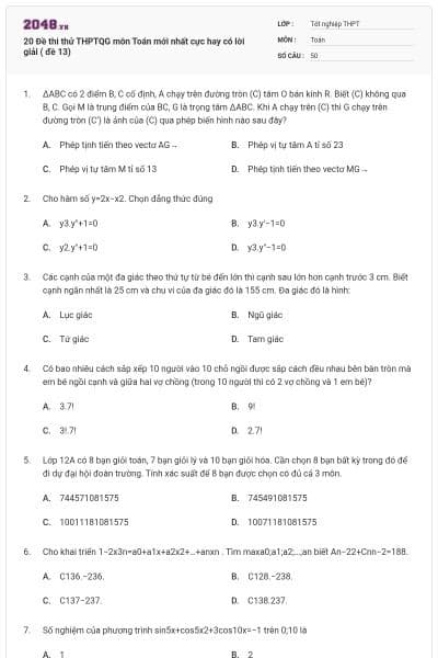 20 Đề thi thử THPTQG môn Toán mới nhất cực hay có lời giải ( đề 13)