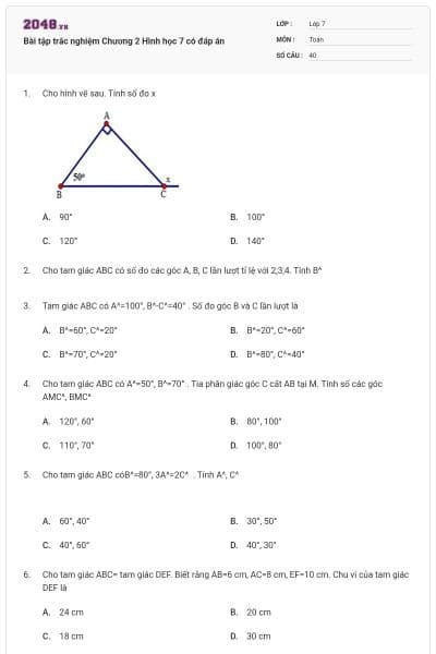 Bài tập trắc nghiệm Chương 2 Hình học 7 có đáp án