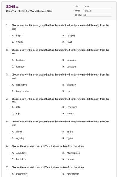 Kiểm Tra – Unit 8: Our World Heritage Sites