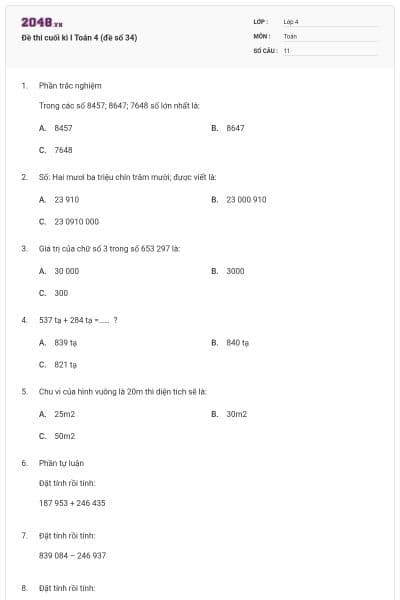 Đề thi cuối kì I Toán 4 (đề số 34)