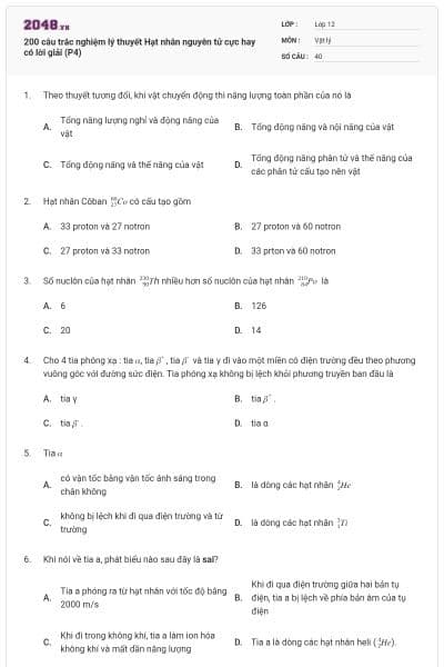 200 câu trắc nghiệm lý thuyết Hạt nhân nguyên tử cực hay có lời giải (P4)