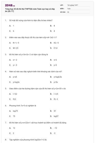 Tổng hợp 20 đề thi thử THPTQG môn Toán cực hay có đáp án (đề 17)