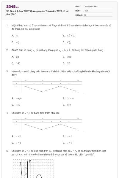 35 đề minh họa THPT Quốc gia môn Toán năm 2022 có lời giải (Đề 1)