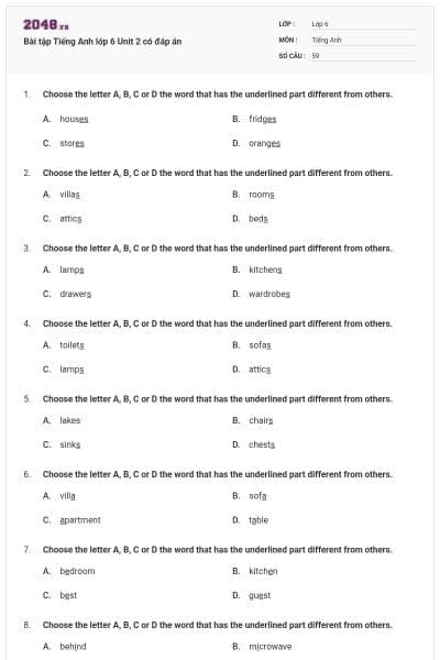 Bài tập Tiếng Anh lớp 6 Unit 2 có đáp án