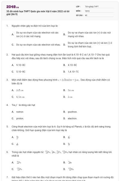 35 đề minh họa THPT Quốc gia môn Vật lí năm 2022 có lời giải (Đề 9)