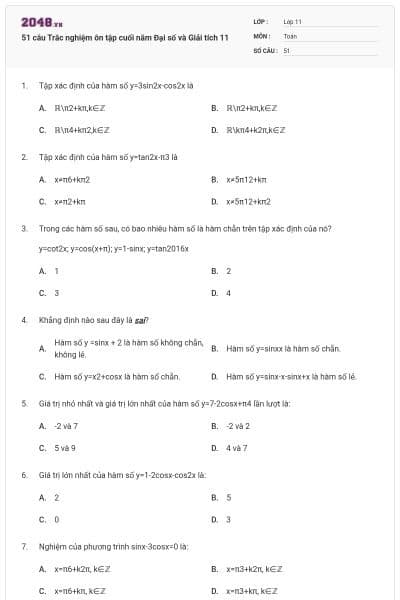 51 câu Trắc nghiệm ôn tập cuối năm Đại số và Giải tích 11