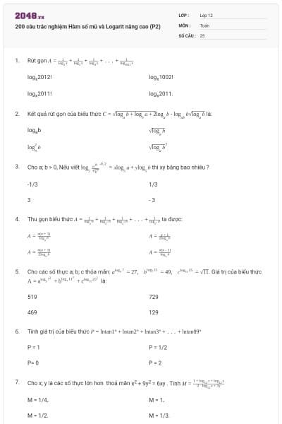 200 câu trắc nghiệm Hàm số mũ và Logarit nâng cao (P2)