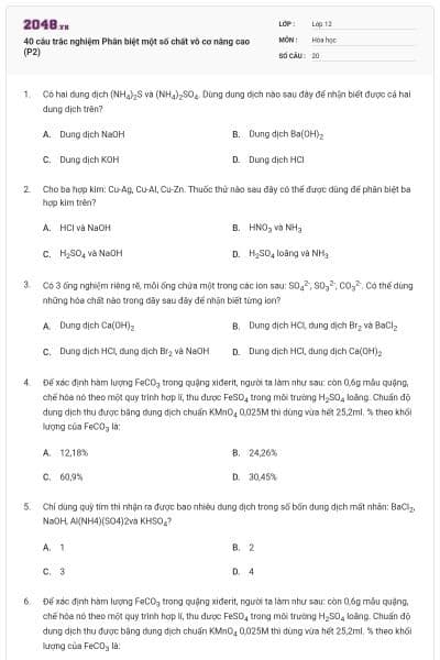40 câu trắc nghiệm Phân biệt một số chất vô cơ nâng cao (P2)