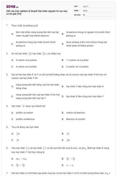200 câu trắc nghiệm lý thuyết Hạt nhân nguyên tử cực hay có lời giải (P5)