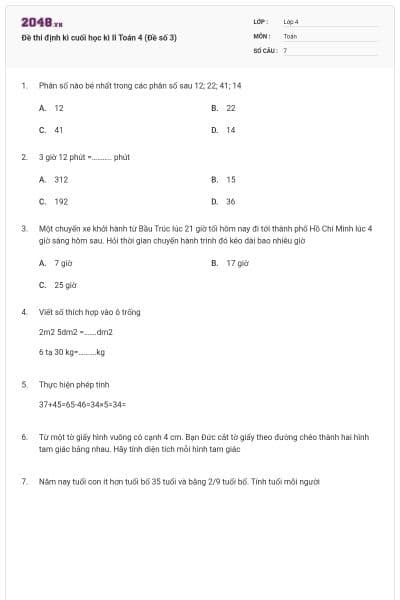 Đề thi định kì cuối học kì II Toán 4 (Đề số 3)
