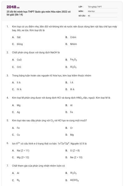 25 đề thi minh họa THPT Quốc gia môn Hóa năm 2022 có lời giải (Đề 14)