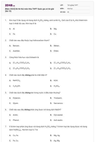 [Năm 2022] Đề thi thử môn Hóa THPT Quốc gia có lời giải (Đề 19)