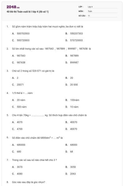 40 Đề thi Toán cuối kì I lớp 4 (đề số 1)