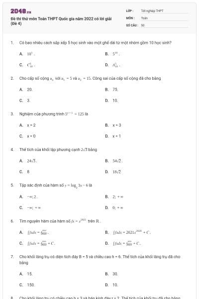Đề thi thử môn Toán THPT Quốc gia năm 2022 có lời giải (Đề 4)