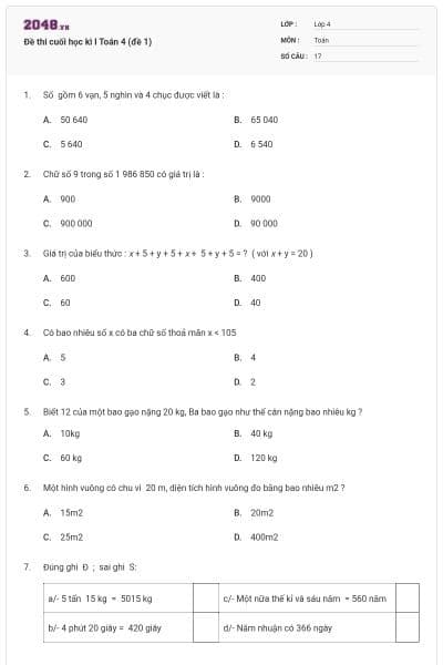 Đề thi cuối học kì I Toán 4 (đề 1)