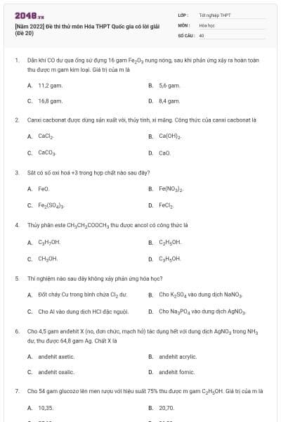 [Năm 2022] Đề thi thử môn Hóa THPT Quốc gia có lời giải (Đề 20)