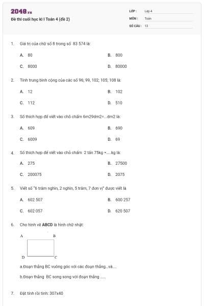 Đề thi cuối học kì I Toán 4 (đề 2)